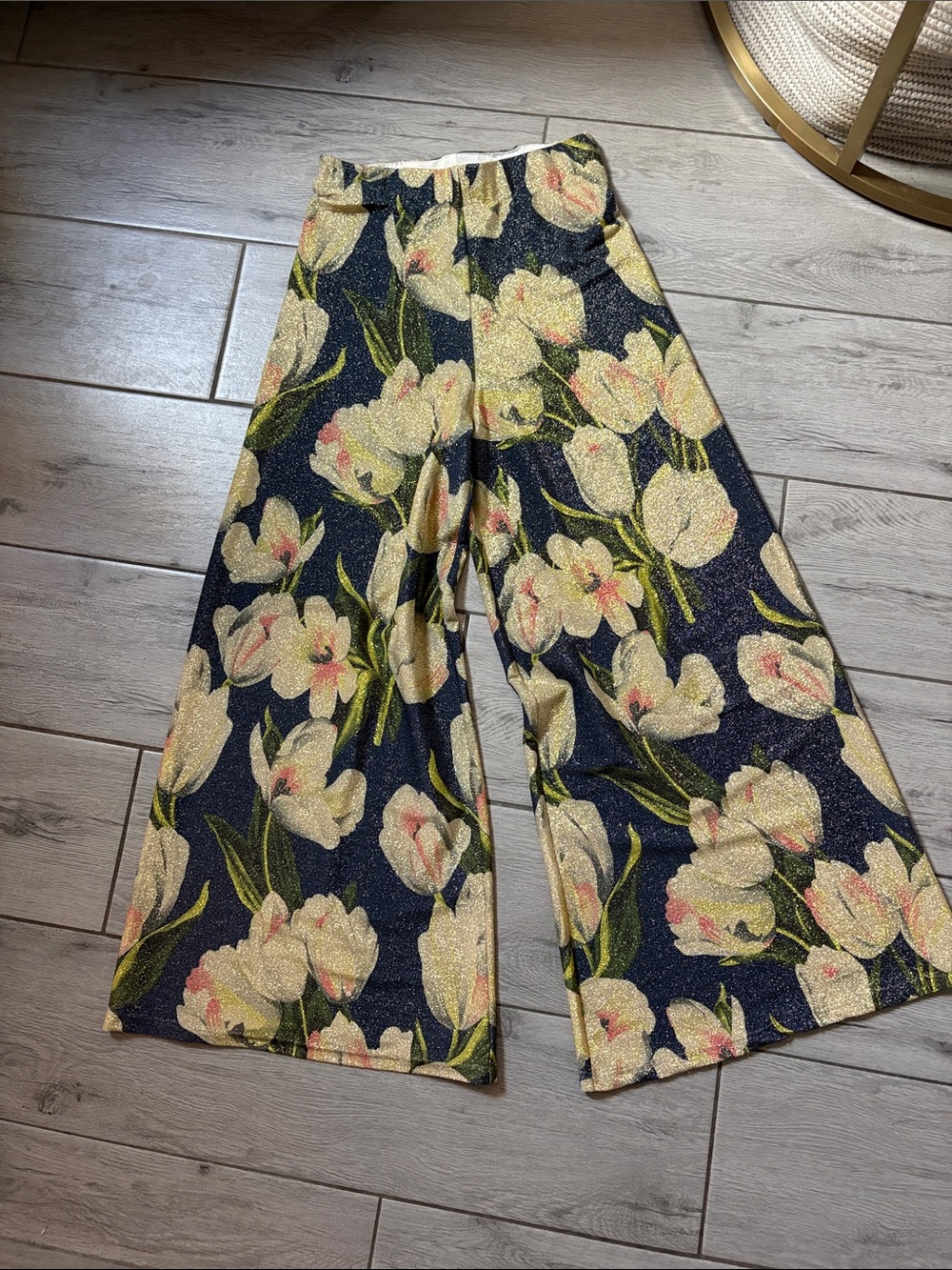 Wide Leg Floral Metallic Navy Pants